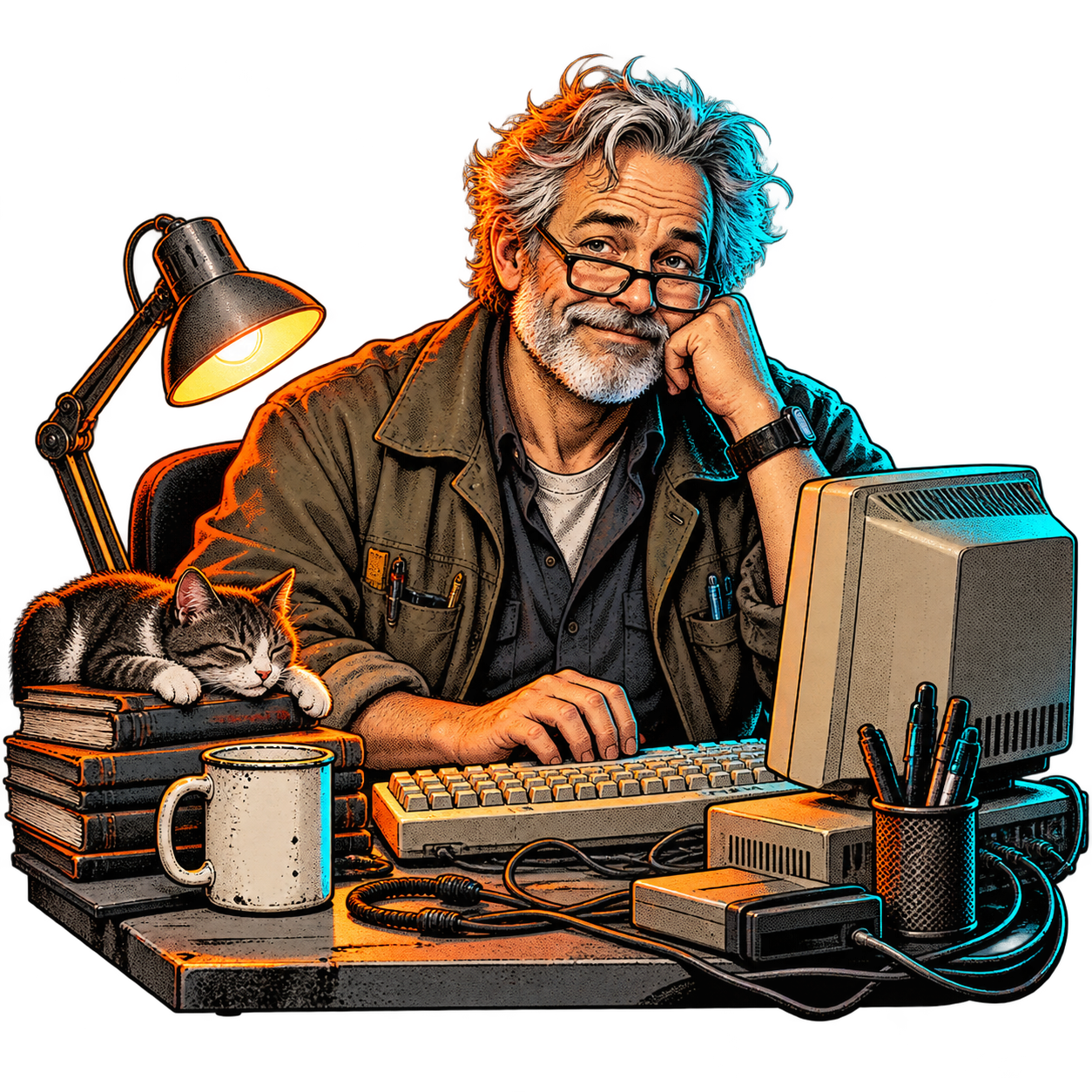 Uncle Vibecoder at an old workstation, lit orange on one side and cyan on the other